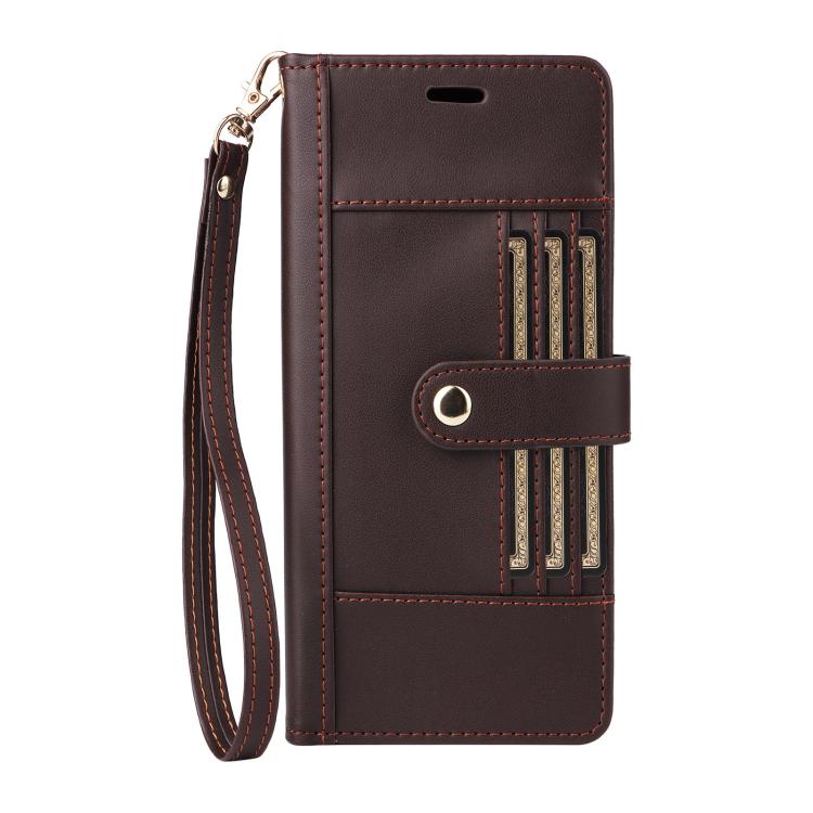 For iPhone 17 Pro Six Card Slots Buckle Leather Phone Case with Lanyard