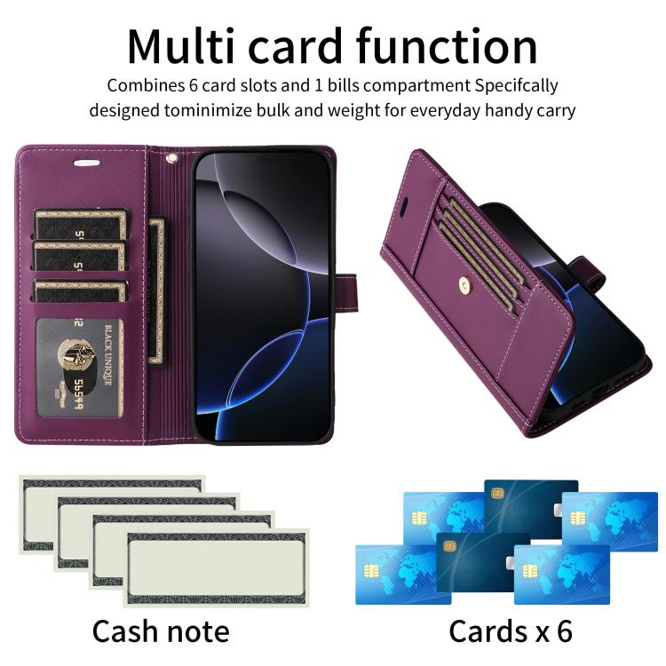 For iPhone 17 Pro Six Card Slots Buckle Leather Phone Case with Lanyard