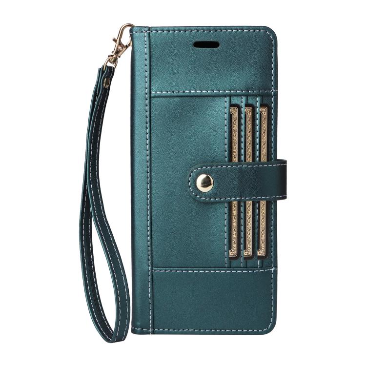 For iPhone 17 Pro Six Card Slots Buckle Leather Phone Case with Lanyard