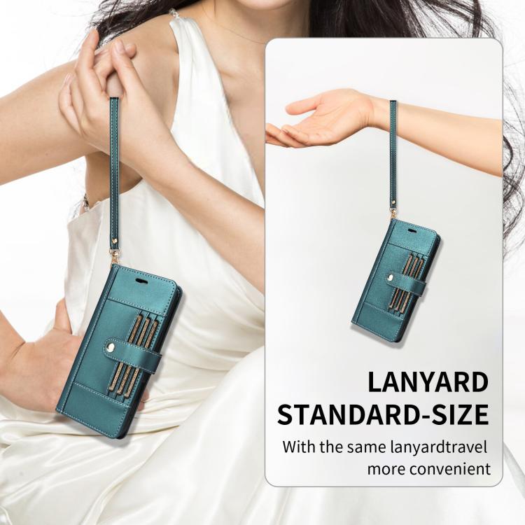 For iPhone 17 Pro Six Card Slots Buckle Leather Phone Case with Lanyard