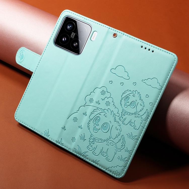 For Xiaomi 15 Embossed Heart Dog RFID Blocking Wallet Leather Phone Case