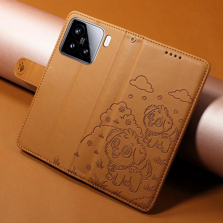 For Xiaomi 15 Embossed Heart Dog RFID Blocking Wallet Leather Phone Case
