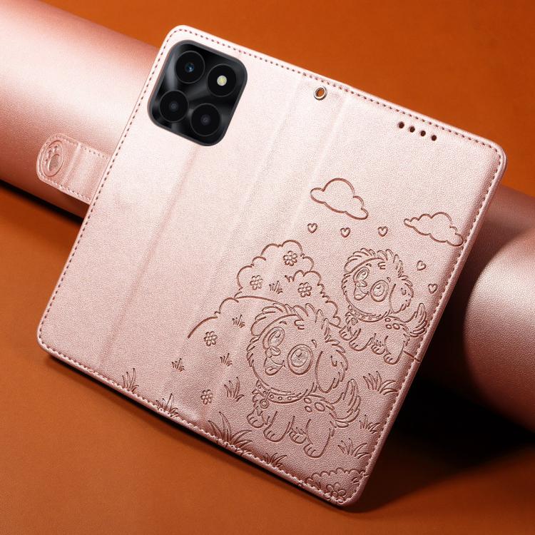 For Honor X6a / X6c / X6b Embossed Heart Dog RFID Blocking Wallet Leather Phone Case
