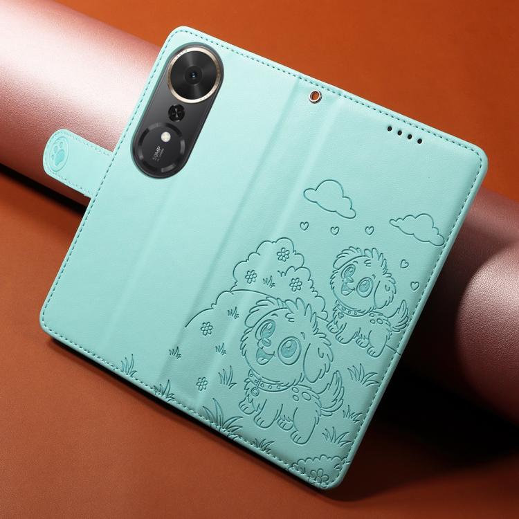 For Honor Play 70 Plus Embossed Heart Dog RFID Blocking Wallet Leather Phone Case
