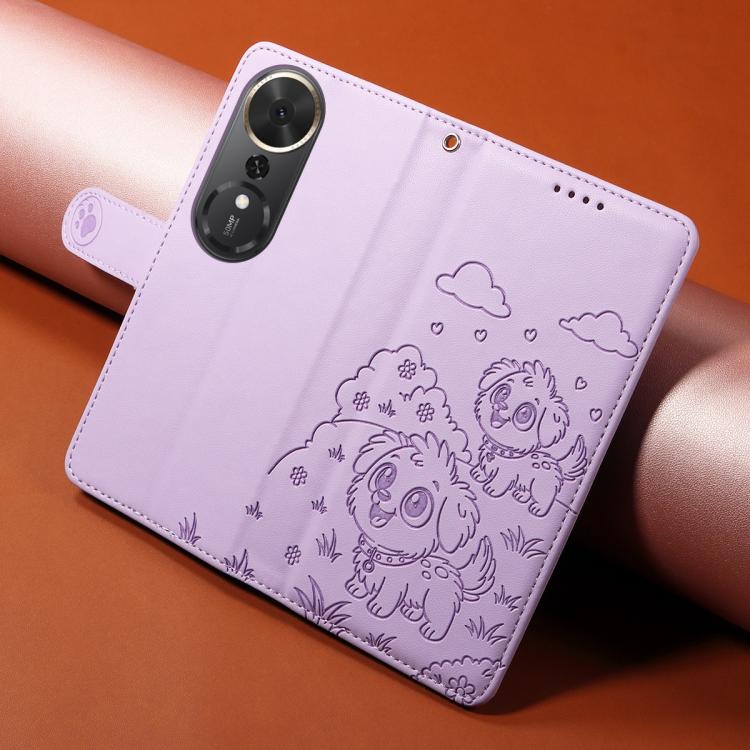 For Honor Play 70 Plus Embossed Heart Dog RFID Blocking Wallet Leather Phone Case