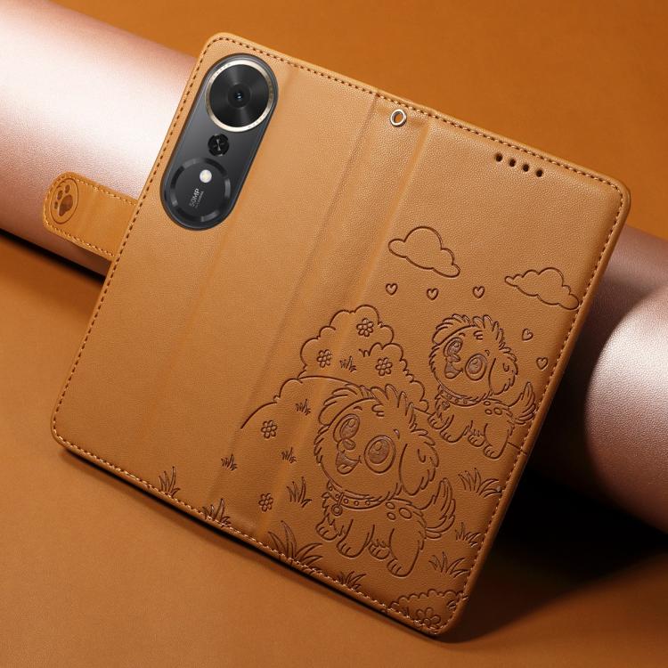 For Honor Play 70 Plus Embossed Heart Dog RFID Blocking Wallet Leather Phone Case