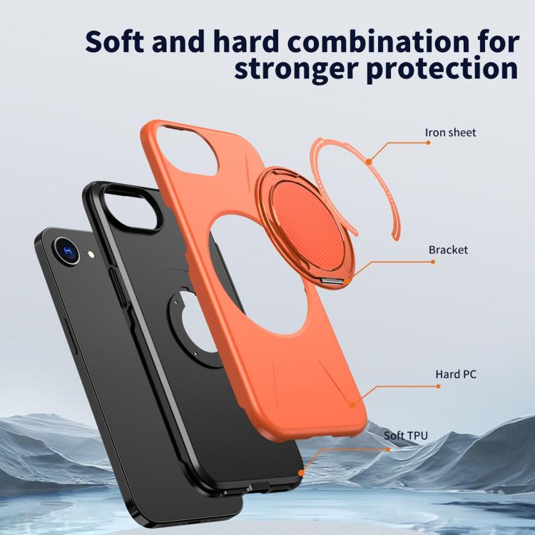 For iPhone 17e / 16e Metal Rotation Holder MagSafe TPU Hybrid PC Phone Case