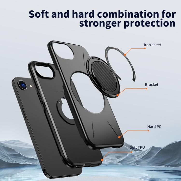For iPhone 17e / 16e Metal Rotation Holder MagSafe TPU Hybrid PC Phone Case