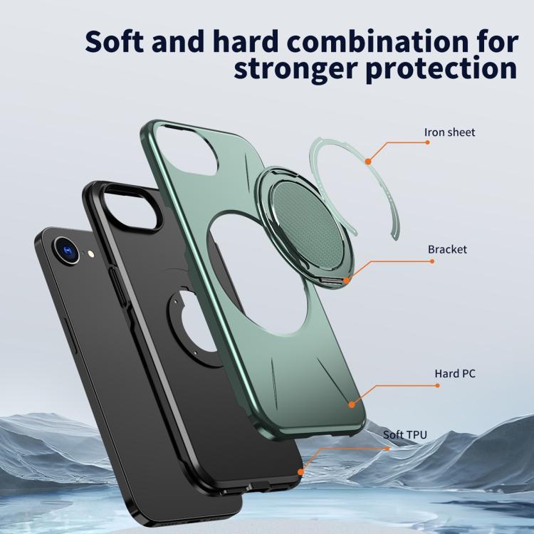 For iPhone 17e / 16e Metal Rotation Holder MagSafe TPU Hybrid PC Phone Case