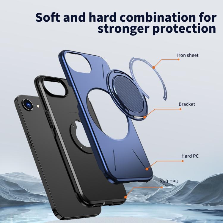 For iPhone 17e / 16e Metal Rotation Holder MagSafe TPU Hybrid PC Phone Case