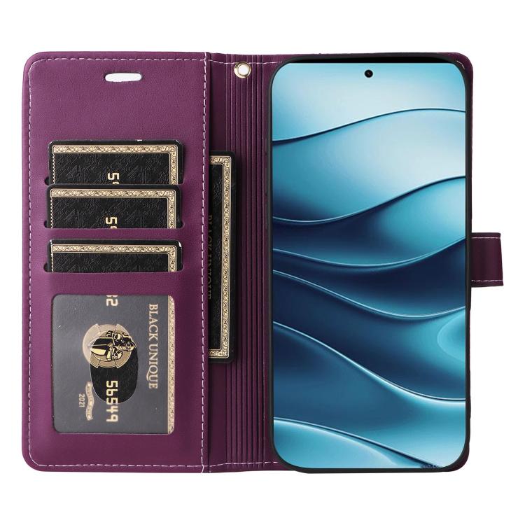 For Redmi Note 14 4G 163.25mm Six Card Slots Buckle Leather Phone Case with Lanyard
