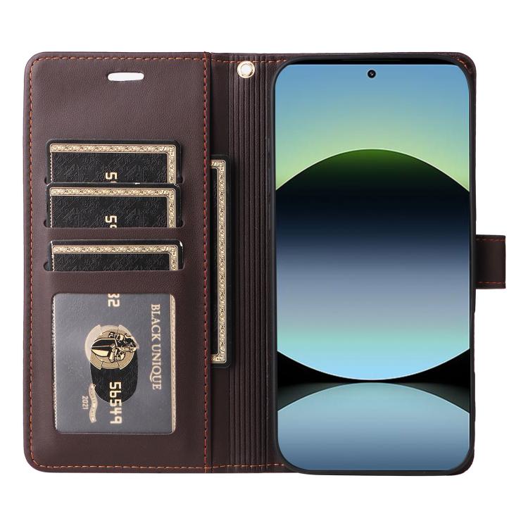 For Redmi Note 14 5G Six Card Slots Buckle Leather Phone Case with Lanyard