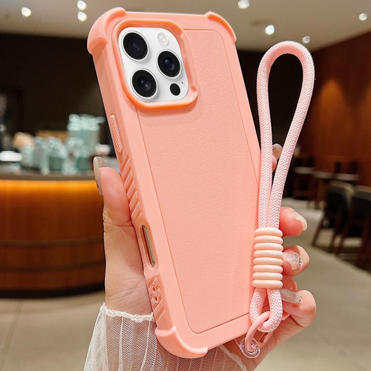 For iPhone 16 Pro Max Solid Color TPU Hybrid PC Shockproof Phone Case with Wrist Strap