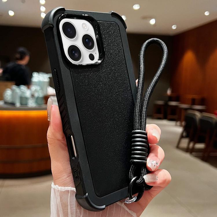 For iPhone 16 Pro Solid Color TPU Hybrid PC Shockproof Phone Case with Wrist Strap