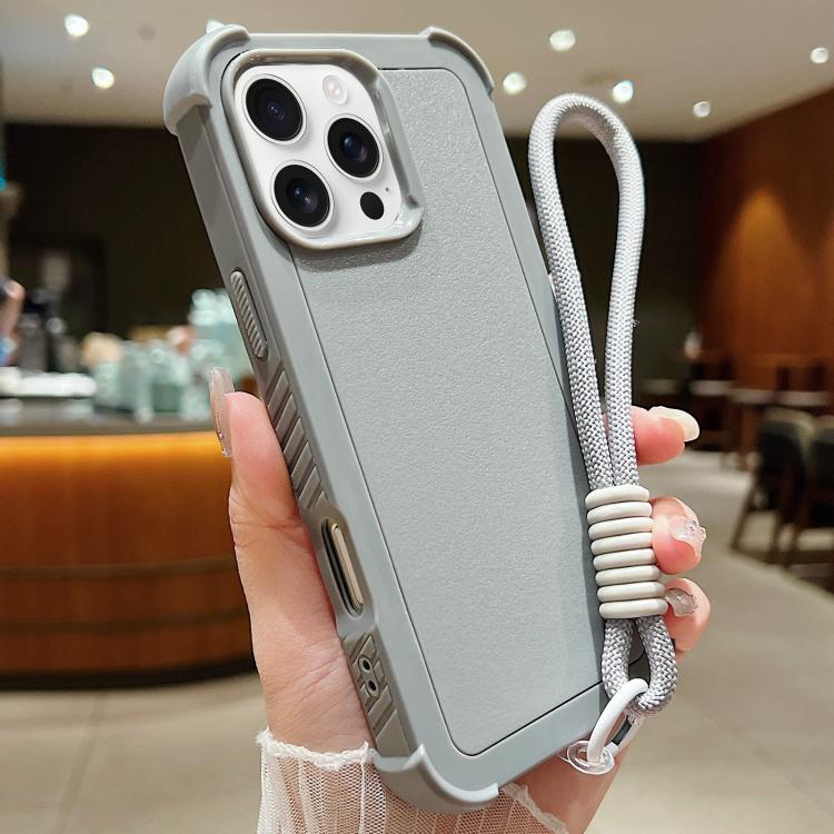 For iPhone 16 Pro Solid Color TPU Hybrid PC Shockproof Phone Case with Wrist Strap