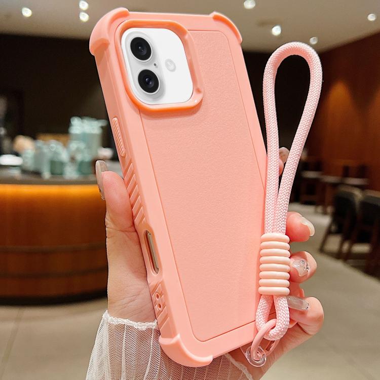 For iPhone 16 Plus Solid Color TPU Hybrid PC Shockproof Phone Case with Wrist Strap