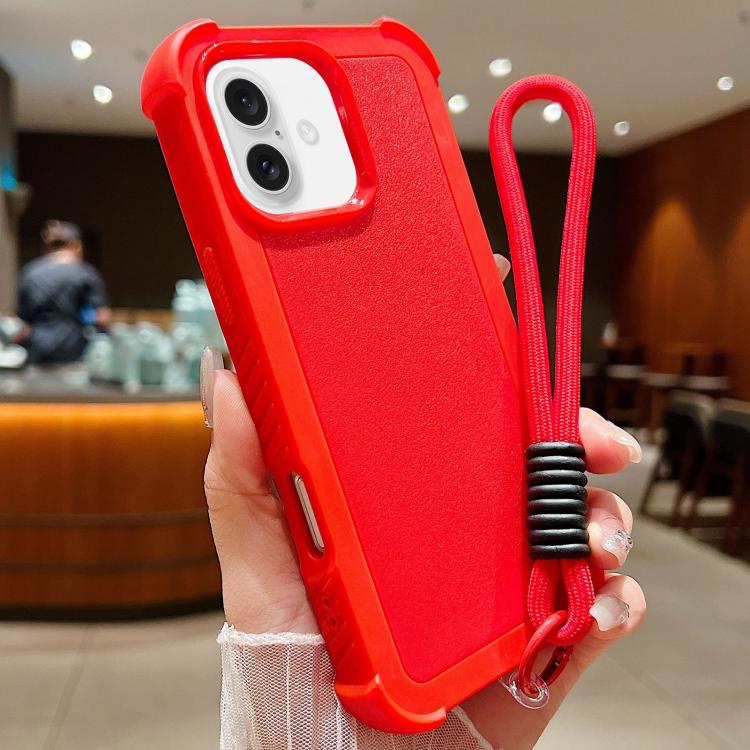For iPhone 16 Plus Solid Color TPU Hybrid PC Shockproof Phone Case with Wrist Strap