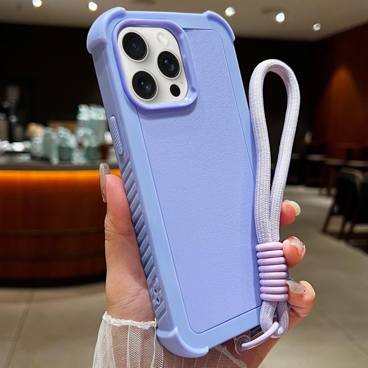 For iPhone 15 Pro Solid Color TPU Hybrid PC Shockproof Phone Case with Wrist Strap