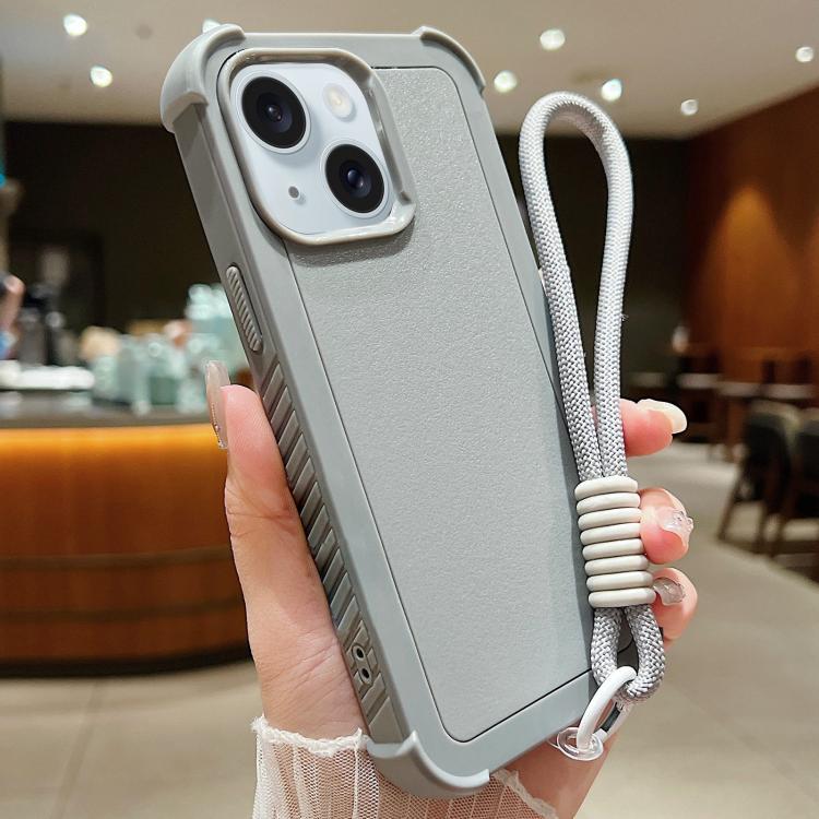 For iPhone 15 Plus Solid Color TPU Hybrid PC Shockproof Phone Case with Wrist Strap