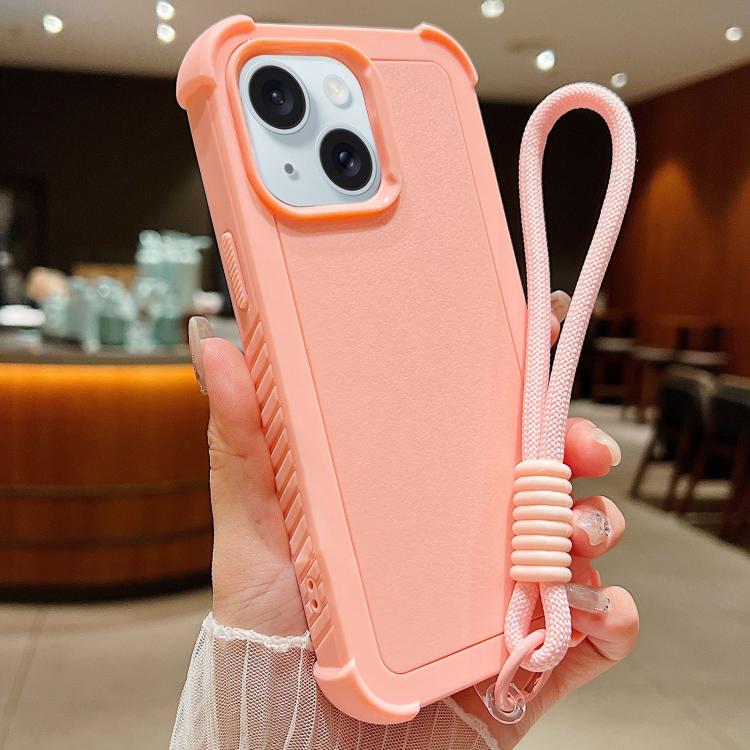For iPhone 15 Solid Color TPU Hybrid PC Shockproof Phone Case with Wrist Strap