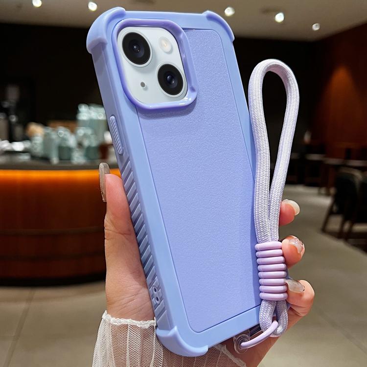 For iPhone 15 Solid Color TPU Hybrid PC Shockproof Phone Case with Wrist Strap