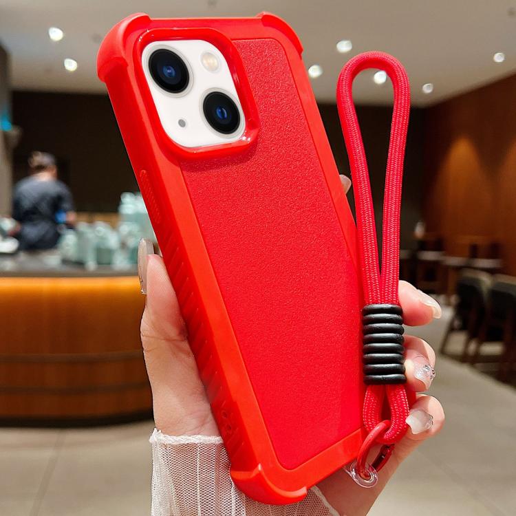 For iPhone 14 Plus Solid Color TPU Hybrid PC Shockproof Phone Case with Wrist Strap