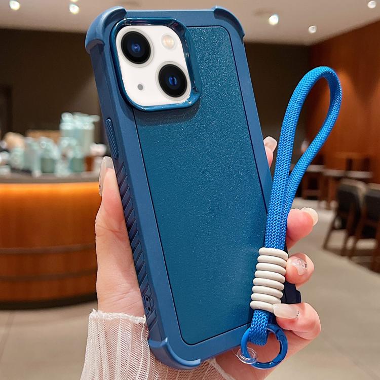 For iPhone 14 Plus Solid Color TPU Hybrid PC Shockproof Phone Case with Wrist Strap
