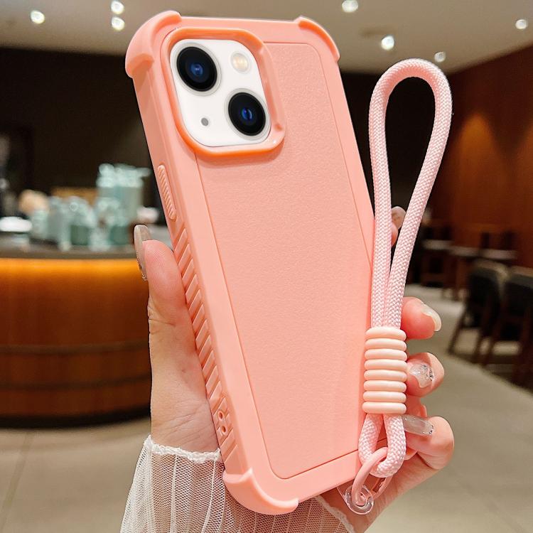 For iPhone 14 Solid Color TPU Hybrid PC Shockproof Phone Case with Wrist Strap