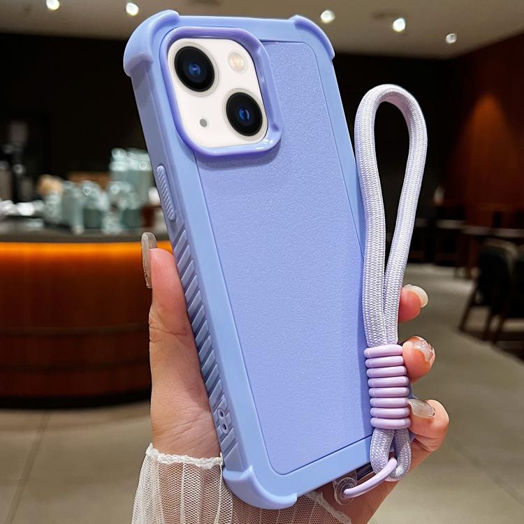 For iPhone 14 Solid Color TPU Hybrid PC Shockproof Phone Case with Wrist Strap