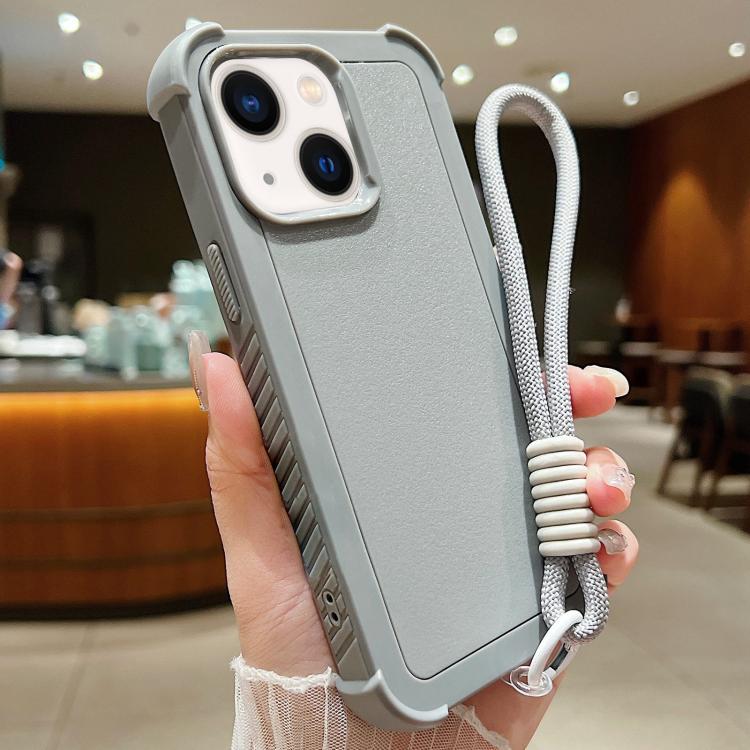 For iPhone 14 Solid Color TPU Hybrid PC Shockproof Phone Case with Wrist Strap
