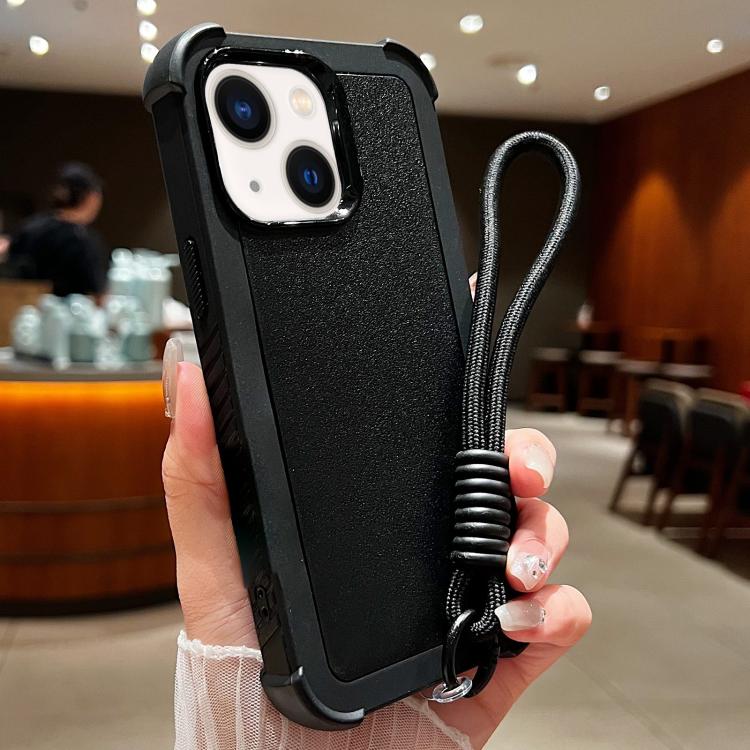 For iPhone 13 Solid Color TPU Hybrid PC Shockproof Phone Case with Wrist Strap
