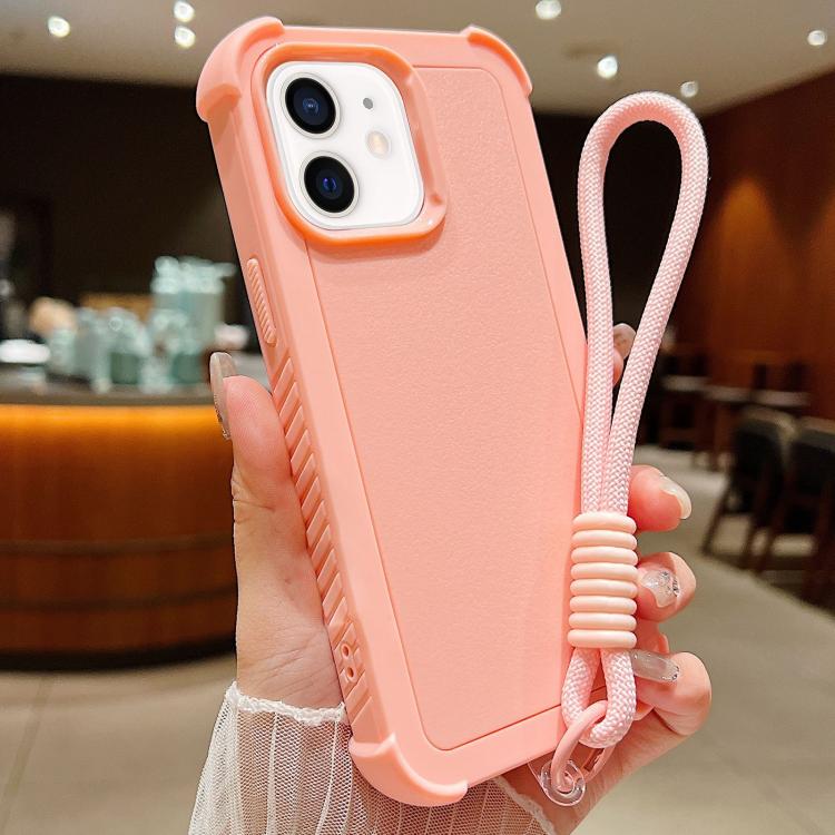 For iPhone 12 / 12 Pro Solid Color TPU Hybrid PC Shockproof Phone Case with Wrist Strap