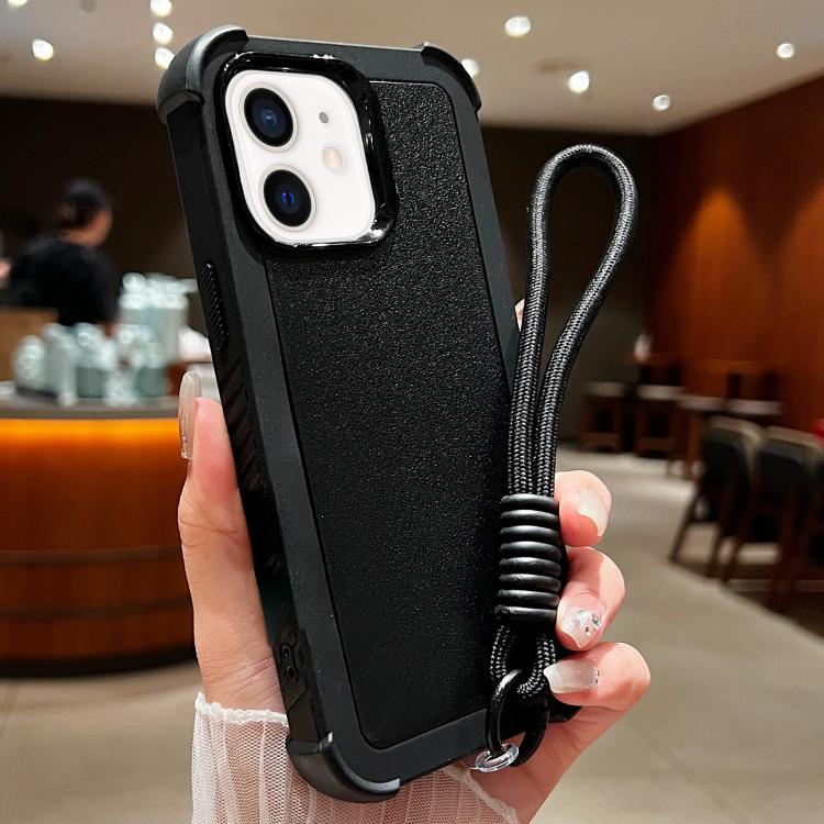 For iPhone 12 / 12 Pro Solid Color TPU Hybrid PC Shockproof Phone Case with Wrist Strap