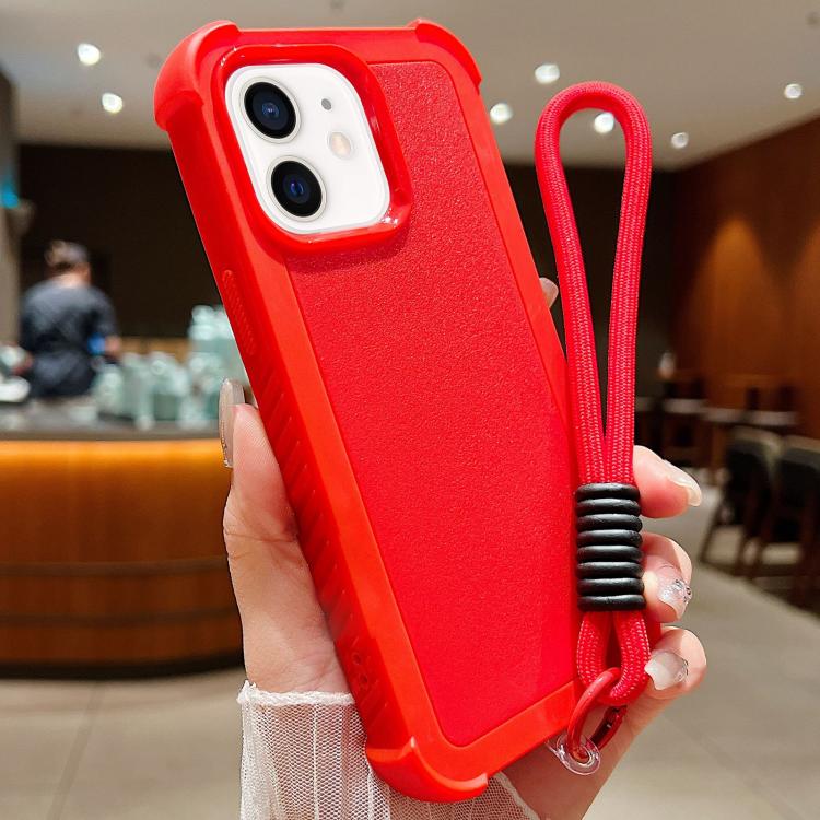 For iPhone 12 / 12 Pro Solid Color TPU Hybrid PC Shockproof Phone Case with Wrist Strap