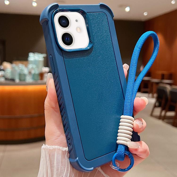 For iPhone 11 Solid Color TPU Hybrid PC Shockproof Phone Case with Wrist Strap