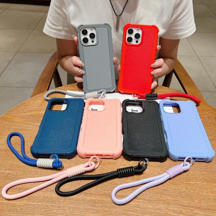 For iPhone 14 Plus Solid Color TPU Hybrid PC Shockproof Phone Case with Wrist Strap