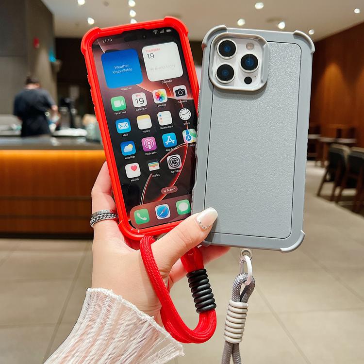 For iPhone 15 Plus Solid Color TPU Hybrid PC Shockproof Phone Case with Wrist Strap