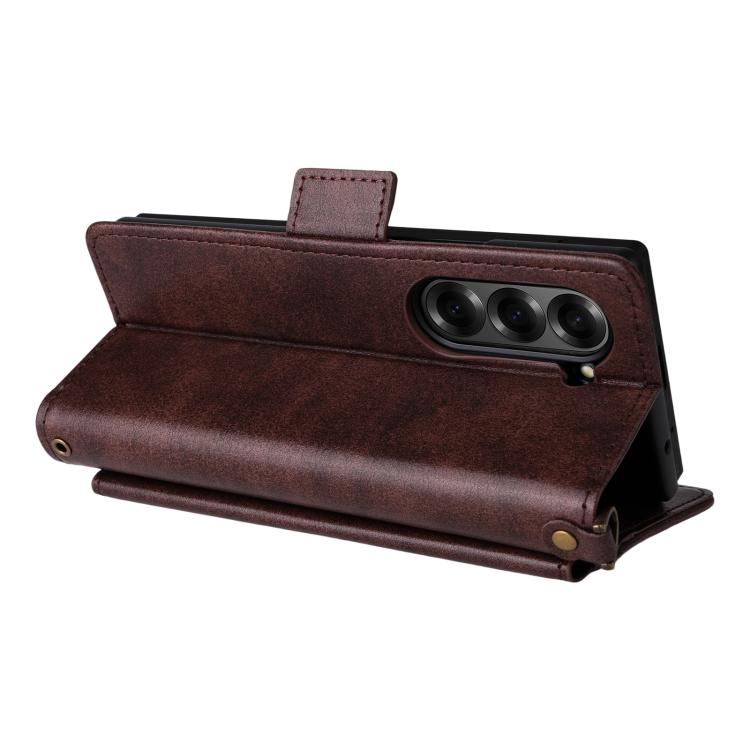 For Samsung Galaxy Z Fold7 5G Multi-card Slots Crossbody Cowhide Leather Phone Case