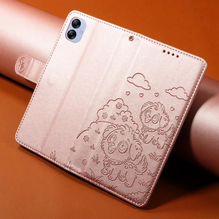 For Galaxy A04e 4G / F04 Embossed Heart Dog RFID Blocking Wallet Leather Phone Case