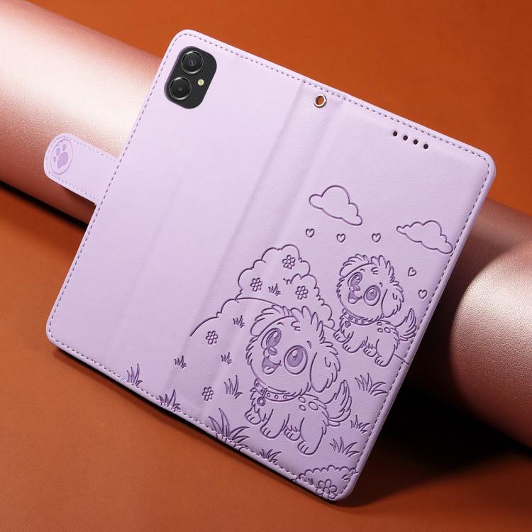 For Galaxy A06 / A07 Embossed Heart Dog RFID Blocking Wallet Leather Phone Case