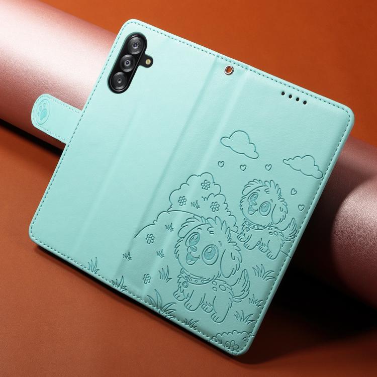 For Galaxy A16 / A26 / A17 Embossed Heart Dog RFID Blocking Wallet Leather Phone Case