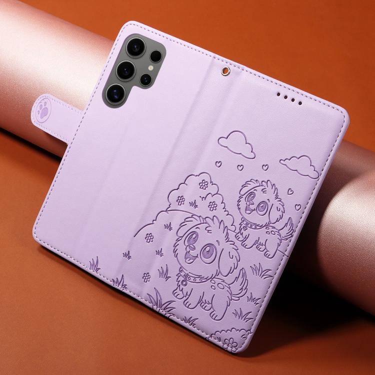 For Samsung Galaxy S24 Ultra 5G Embossed Heart Dog RFID Blocking Wallet Leather Phone Case