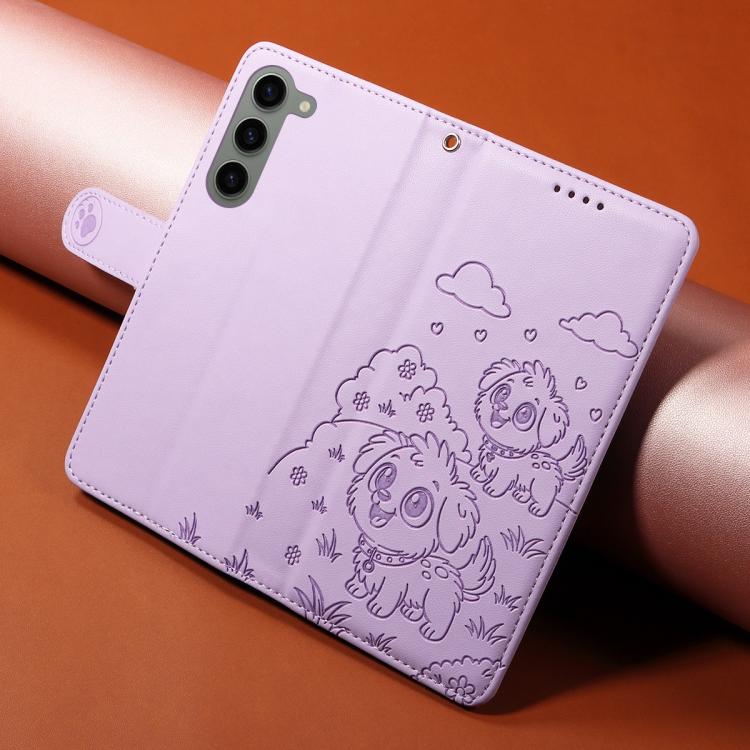 For Samsung Galaxy S23 5G Embossed Heart Dog RFID Blocking Wallet Leather Phone Case