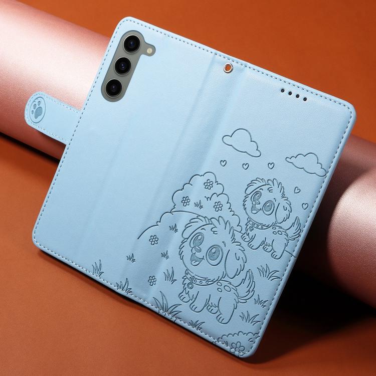 For Samsung Galaxy S23 5G Embossed Heart Dog RFID Blocking Wallet Leather Phone Case