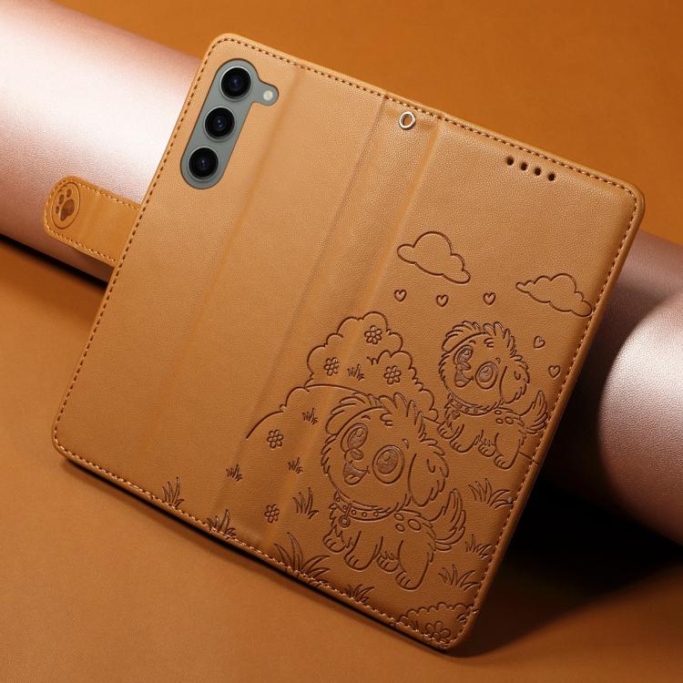 For Samsung Galaxy S23 5G Embossed Heart Dog RFID Blocking Wallet Leather Phone Case