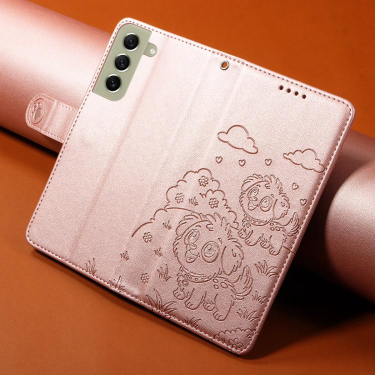 For Samsung Galaxy S21 FE 5G Embossed Heart Dog RFID Blocking Wallet Leather Phone Case