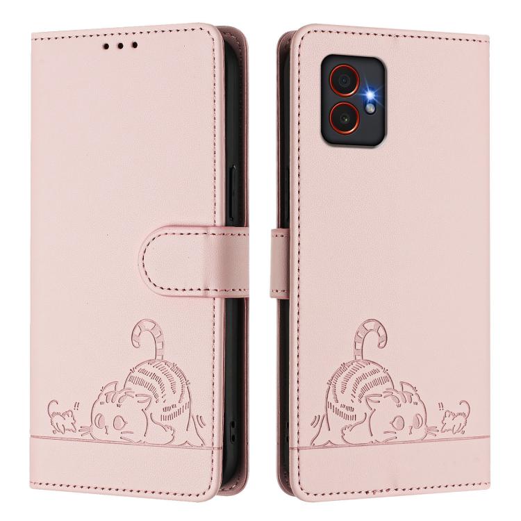 For Samsung Galaxy XCover7 Pro Cat Rat Embossed Pattern RFID Leather Phone Case with Lanyard