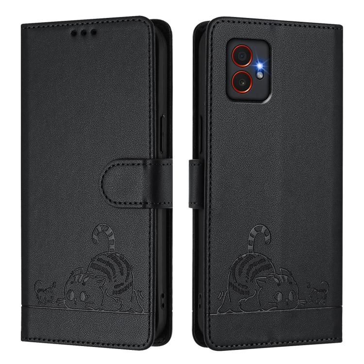 For Samsung Galaxy XCover7 Pro Cat Rat Embossed Pattern RFID Leather Phone Case with Lanyard