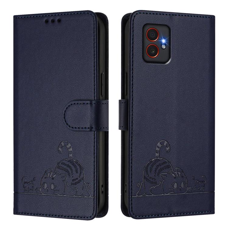 For Samsung Galaxy XCover7 Pro Cat Rat Embossed Pattern RFID Leather Phone Case with Lanyard