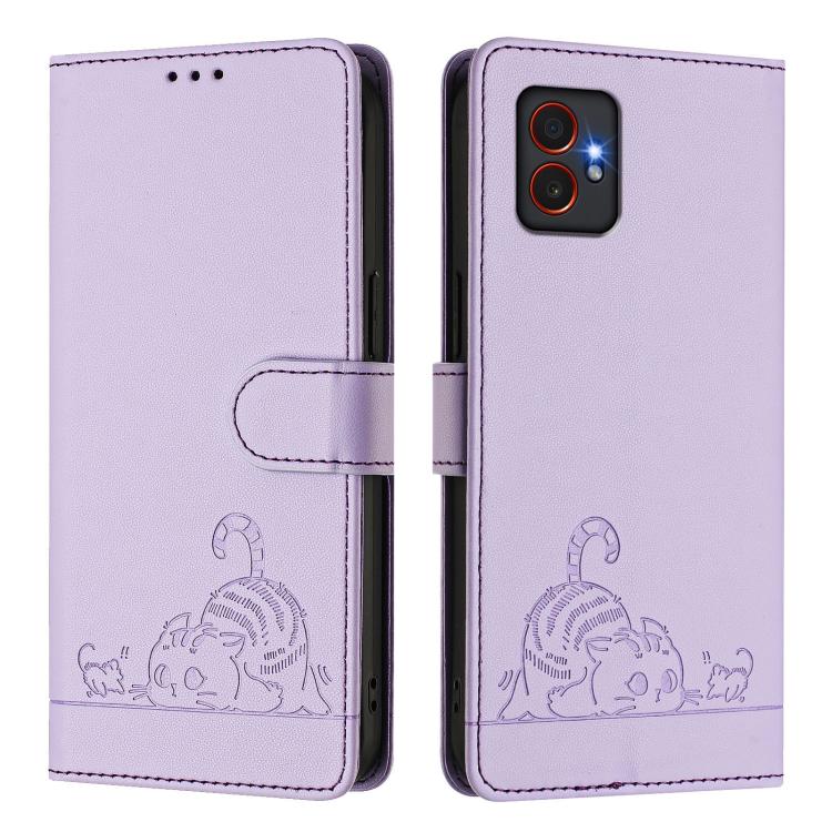 For Samsung Galaxy XCover7 Pro Cat Rat Embossed Pattern RFID Leather Phone Case with Lanyard